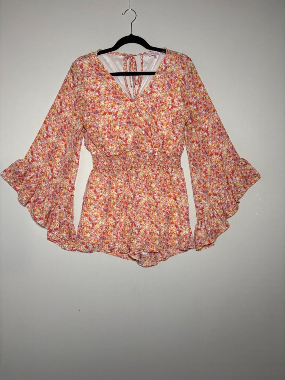 Pink Lily Coral Floral Smocked Romper Long Bell Sleeve Plunge Back Size M